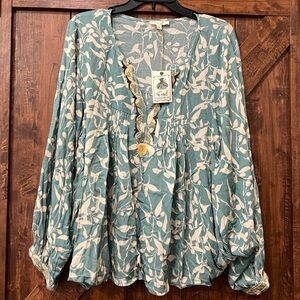 Easel Teal and Cream Leaf Print Blouse